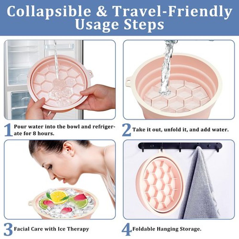 ElapseGlow 2-in-1 Silicone Face & Drink Ice Bowl - Collapsible Cryotherapy Mold for Facial Icing & Beverage Chilling, Portable Cold Plunge Basin Reduces Puffiness & Cools Drinks (Pink)