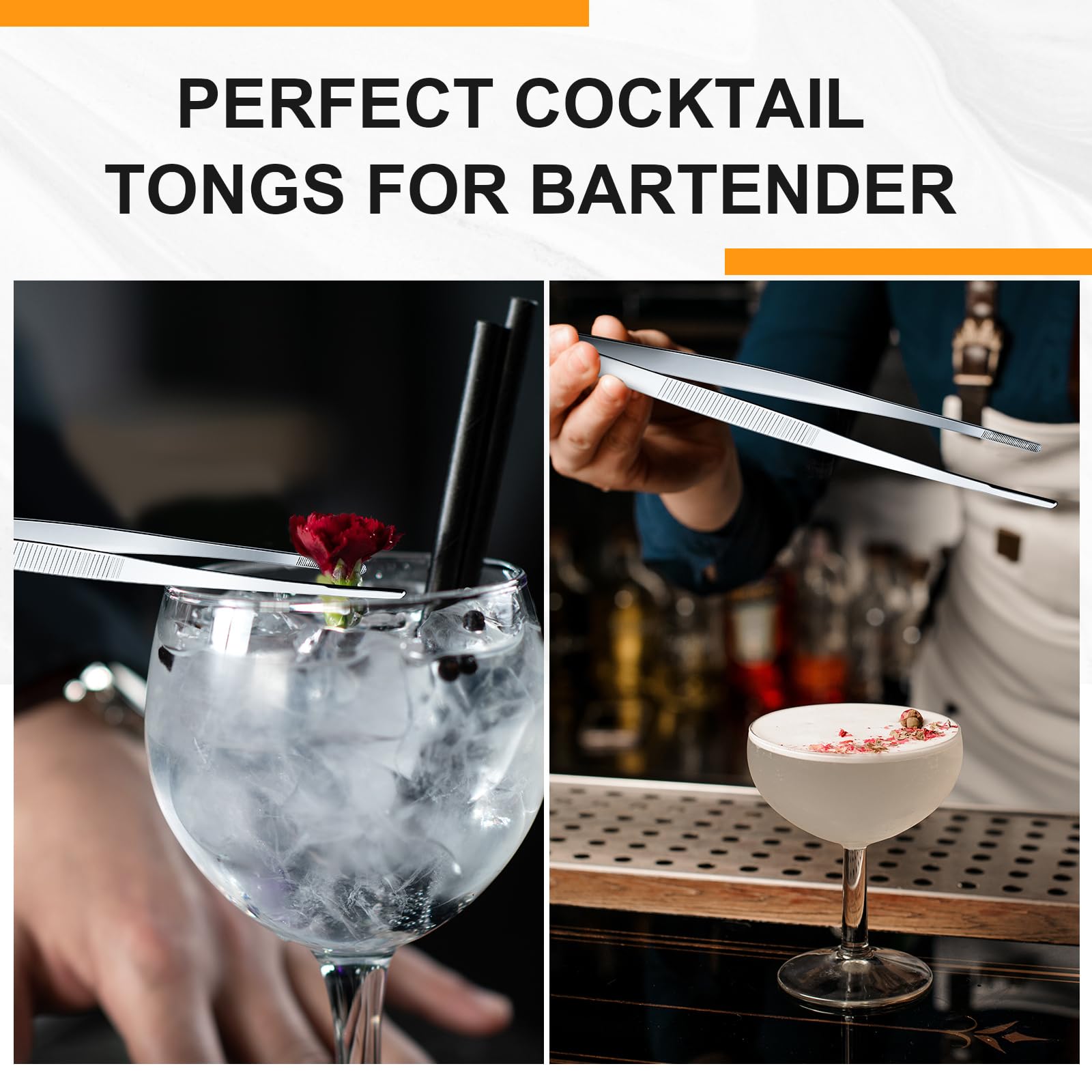 Yaomiao 4 Packs Bar Tweezers Long Garnish Tongs Bar Tweezers Stainless Steel Korean Bbq Tongs for Bartender Cocktail Cooking Food(Silver,8 Inch)