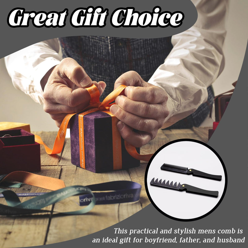 Realand 2Pcs Folding Pocket Beard Comb for Men - Fine Tooth & Wide Tooth Hair Comb with Stainless Steel Cover, Small Travel Comb for Styling Hair, Beard or Mustache