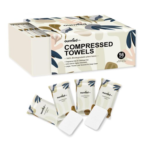 Ourmed Life Compressed Towel Tablets – Portable, Individually Wrapped Disposable Face Towels, Quickly Expand with Water, Soft & Lint-Free, 12‘’x10‘’ for Travel, Camping, Hiking, Backpacking (56 Count)