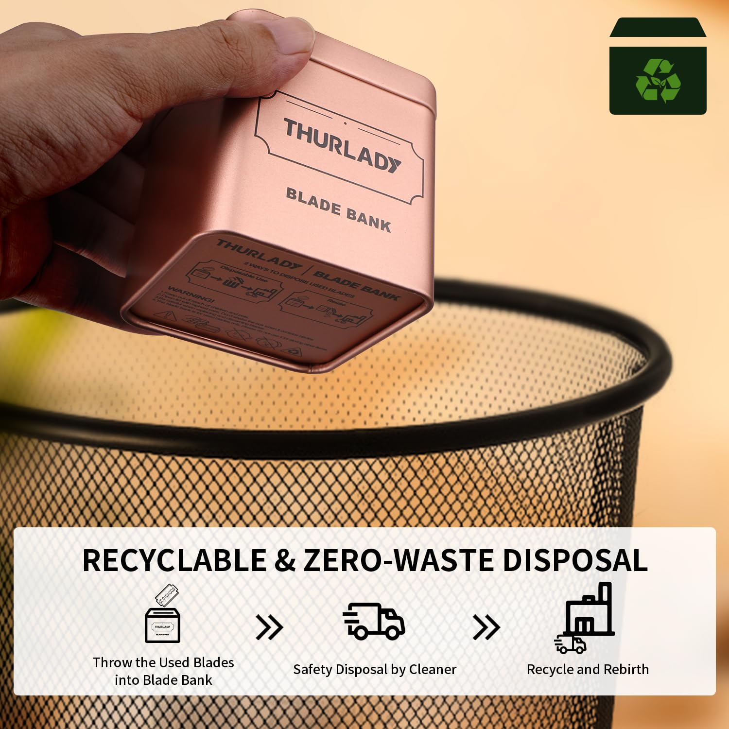 THURLADY Razor Blade Disposal Container, Rose Gold, Large Capacity, Holds Over 500 Blades, Safe & Recyclable