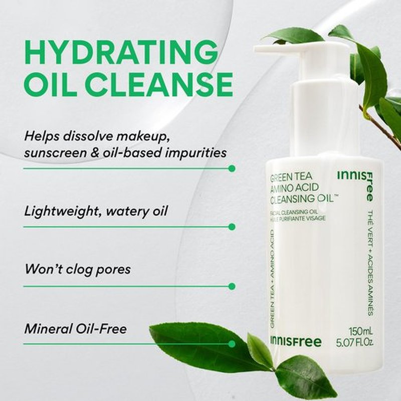 innisfree Green Tea Amino Acid Cleansing Oil, Hydrating Korean Face Wash with Jojoba, Makeup Remover, Sunscreen Dissolving Formula