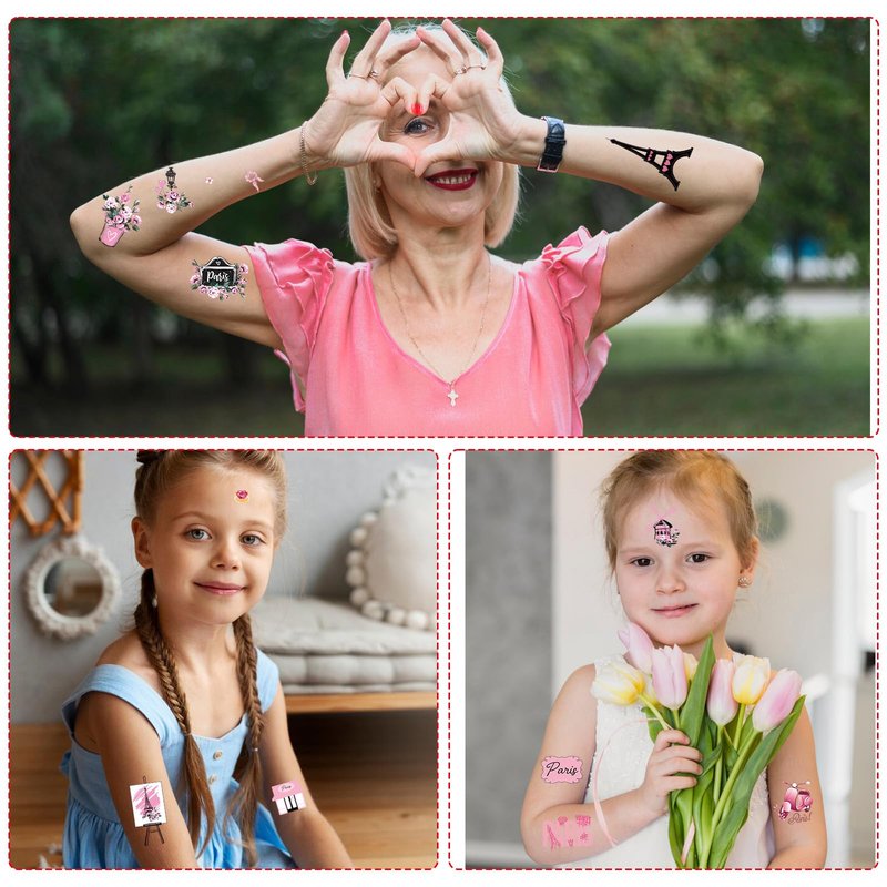 Yoyuspy Pink Paris Temporary Tattoos - 200+ Paris Themed Party Decorations Favors Supplies for Girls Women French Theme Birthday Decor Eiffel Towers Bows Romantic Tattoo Stickers Gifts Rewards
