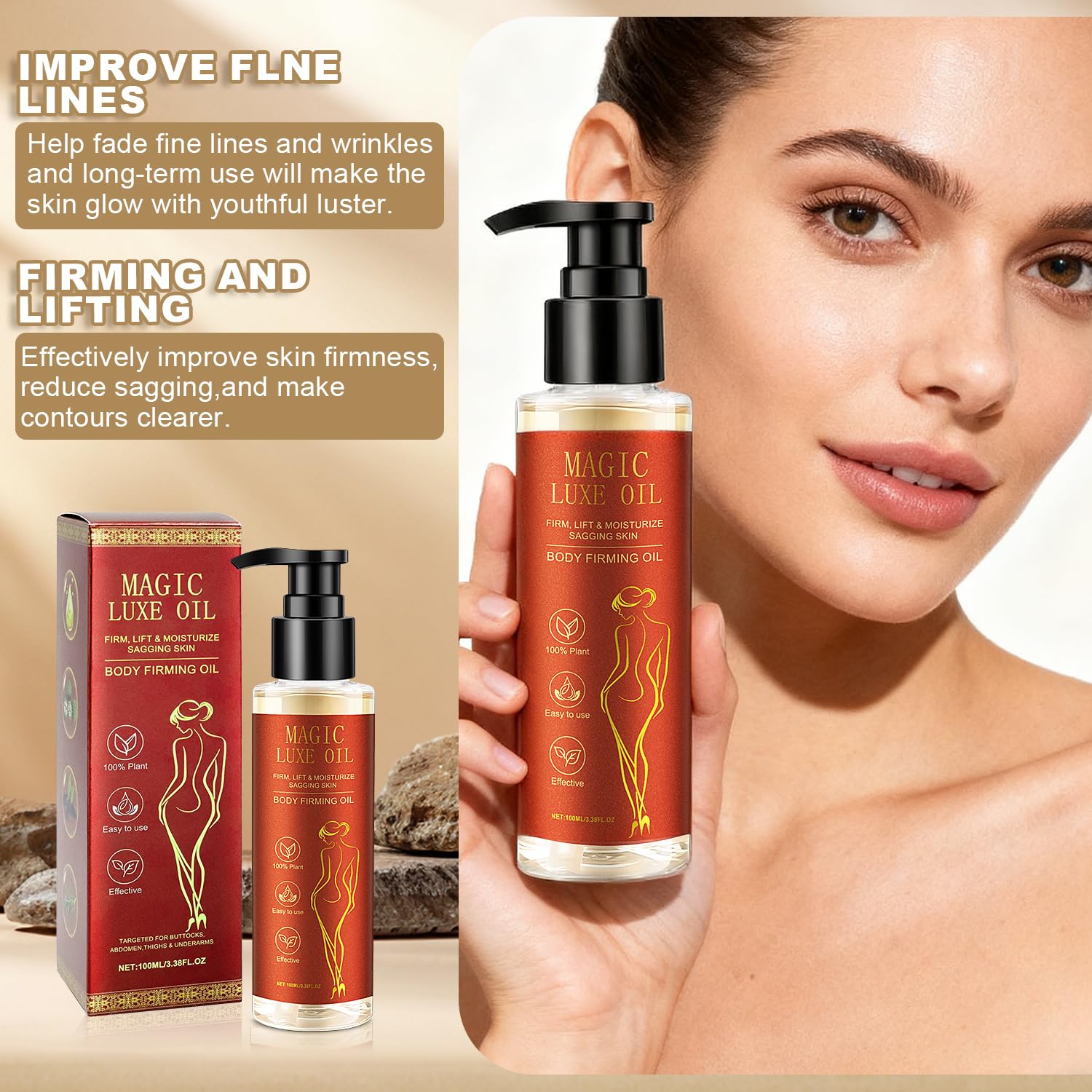 MAGIC LUXE OIL Body Firming Oil, Hydrating & Skin Tightening for Women Bums, Tums, Thighs & Underarms | Non-Greasy | Reduces the Appearance of Fine Lines & Improves Skin Elasticity Look | 100 ML
