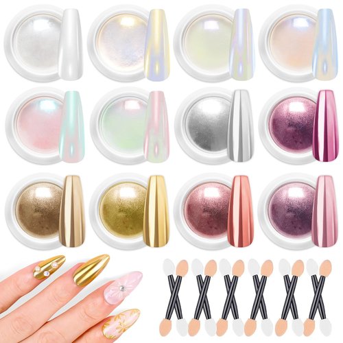 LEDSUUEI Chrome Nail Powder - Super Mirror Effect Metallic Holographic Aurora Iridescent Pearlescent Rose Gold White Pearl Chrome Nail Powder for Nails Salon DIY