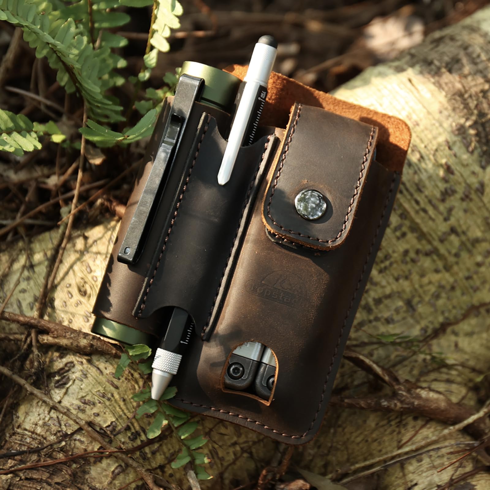 Topstache Leather Multitool Sheath - Multi Tool Holster with Belt Clip - EDC Belt Organizer Fits Multitool, Flashlight, Pen - Leather EDC Pouch Belt Holder Case with Closure Flap, Darkbrown