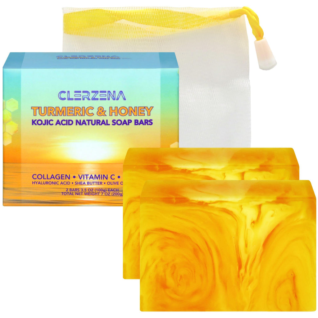 CLERZENA Honey Kojic Acid and Turmeric Soap for Dark Spots | Vitamin C & E, Retinol, Collagen Kojic Acid Soap Bar | Dark Spot Remover for Face | Turmeric Face Soap for Women and Men