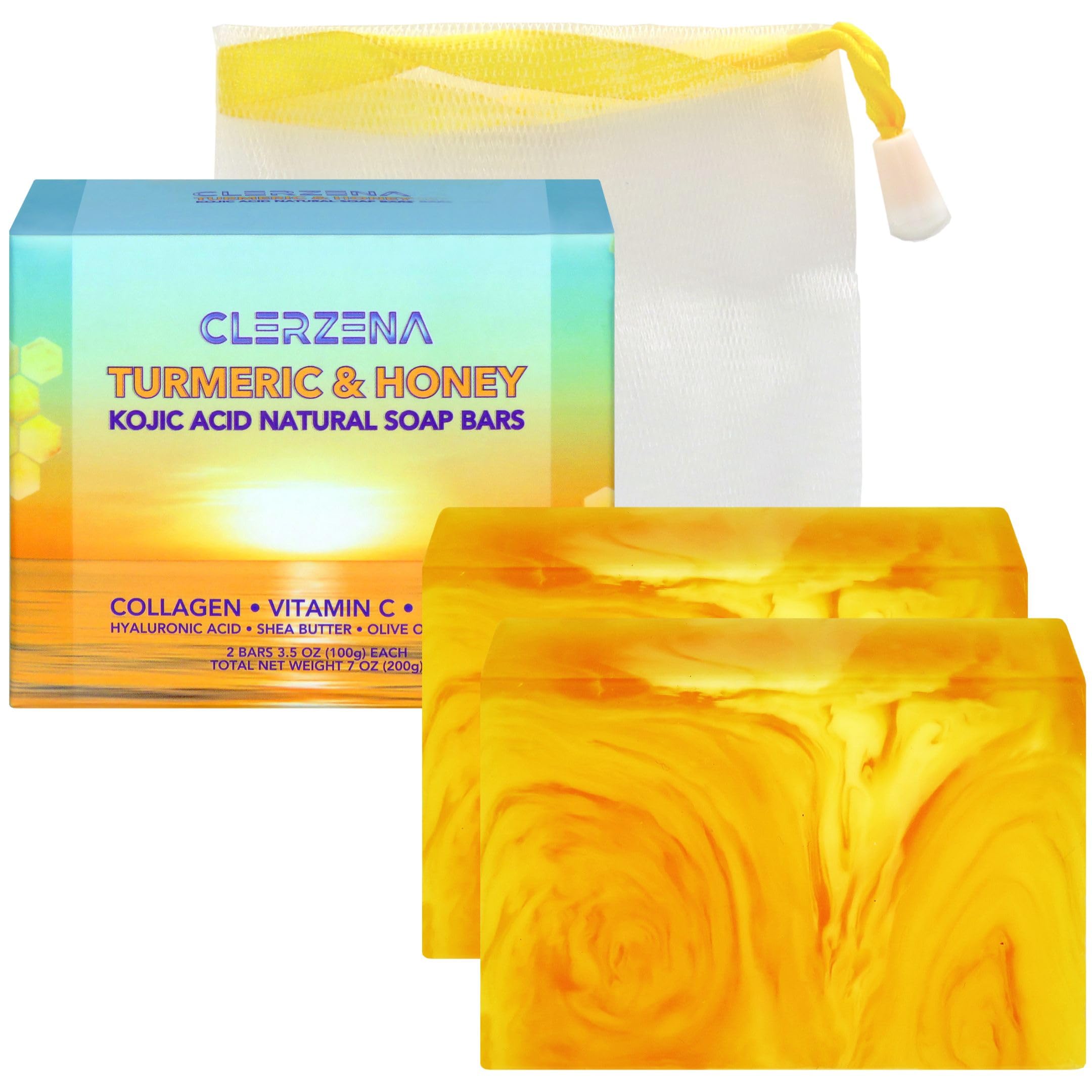 CLERZENA Honey Kojic Acid and Turmeric Soap for Dark Spots | Vitamin C & E, Retinol, Collagen Kojic Acid Soap Bar | Dark Spot Remover for Face | Turmeric Face Soap for Women and Men