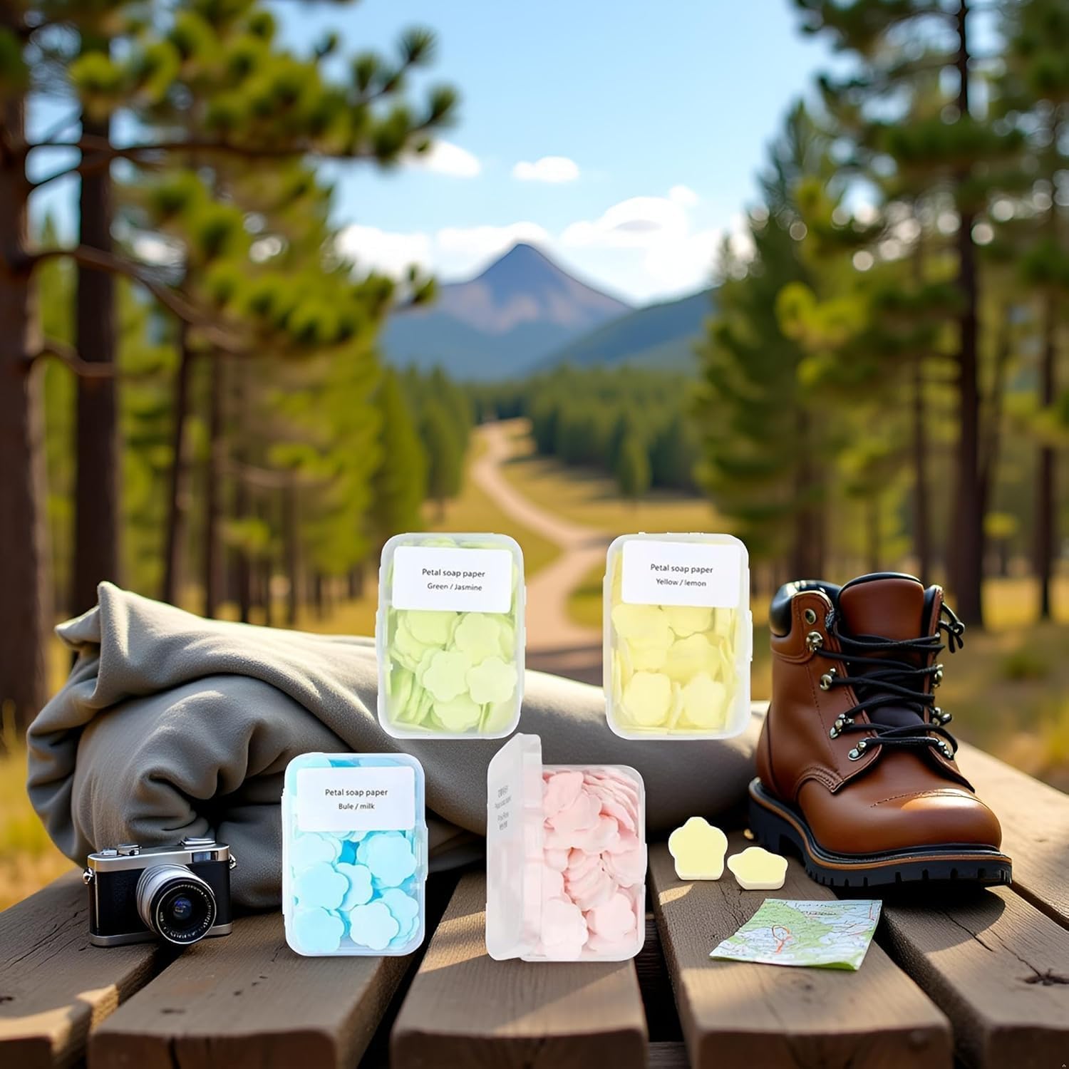 ZLmoue 4 Boxes Paper Soap, 4 Different Scented Mini Fresh Portable Disposable Petal Hand Wash Sheets, Dissolvable Hand Bath Soap, Suitable for Outdoor, Travel, Camping, (Approx 400 Sheets)