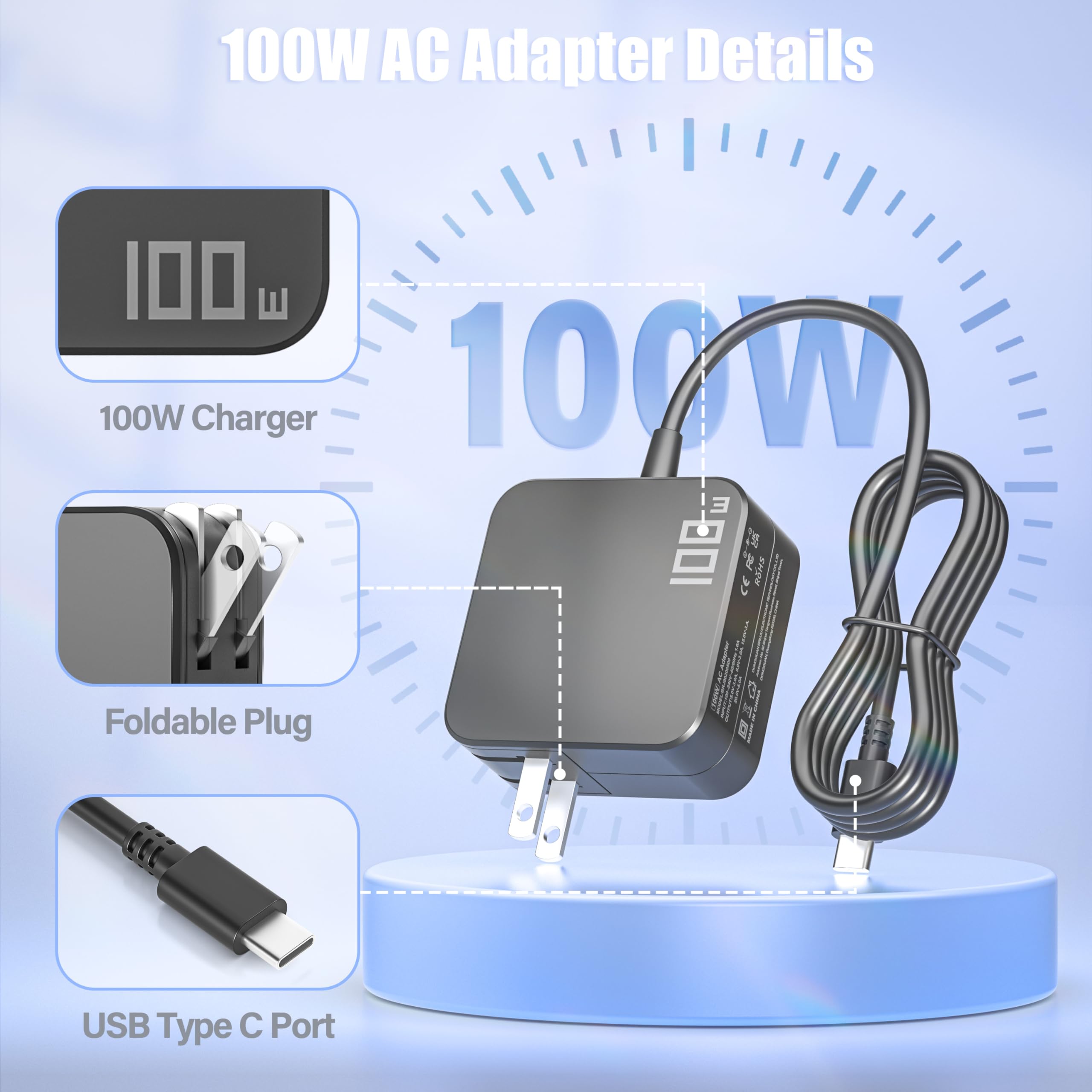 100W USB C Fast Charger Compatible with Steam Deck, Switch 2 Power Cord
