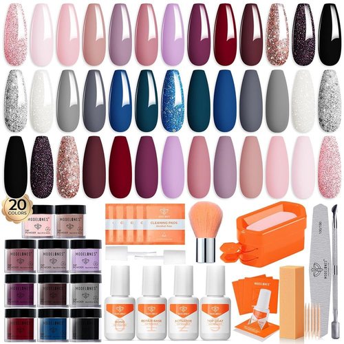 modelones Dip Powder Nail Kit, 20 Colors Pink Blue Black White Nude Grey Dipping Powder Starter Set with Liquid Set Base&Top Activator French Nail Art Salon Long-Lasting DIY Manicure Kit