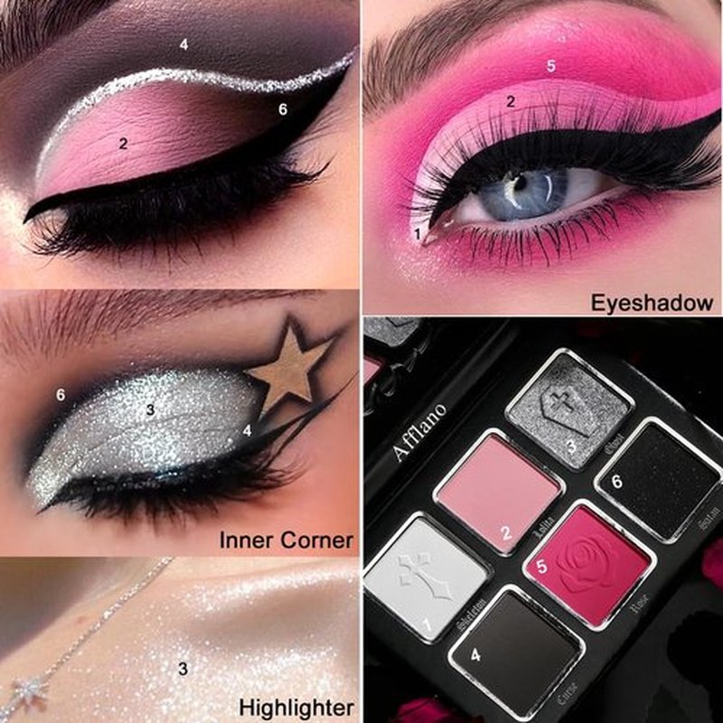 Afflano Goth Pink Eyeshadow Palette, Black Silver Pink Smokey Eyes Makeup Eyeshadow Pallet With Mirror, for Goth Girls Women Long Lasting Daily Valentine makeup, Emo Halloween Clown SFX Gothic Looks