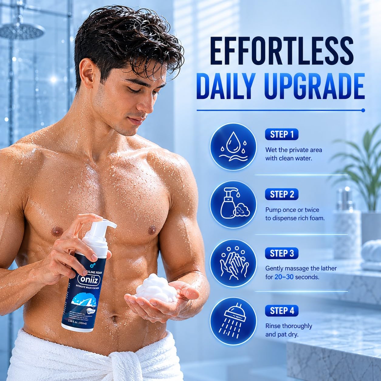 ONIIZ Masculine Foam Men’s Intimate Wash for Odor Control, pH Balanced Cleanser for Sensitive Skin with Green Tea, Aloe & Chamomile - Classical (Fresh Cooling Feel), 3.38 fl oz