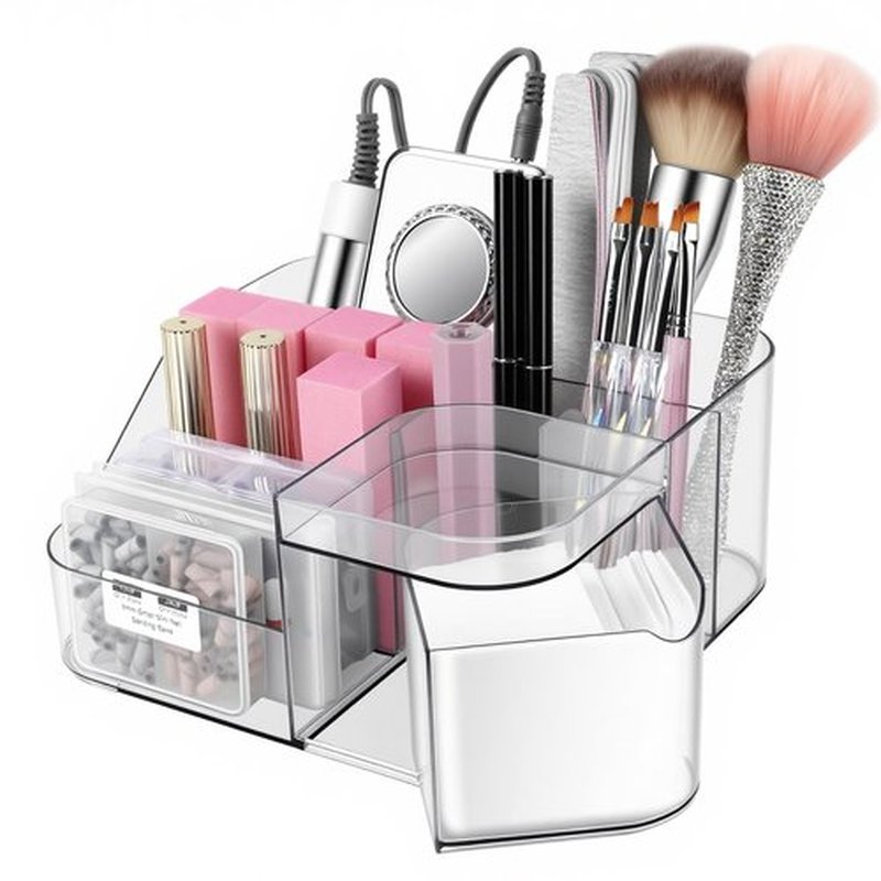 BQAN Transparent Acrylic Nail Desk Organizer, Drill & Brush Holder, Professional Storage Box for Nail Tools, Makeup, Eyeshadows, Skin Care