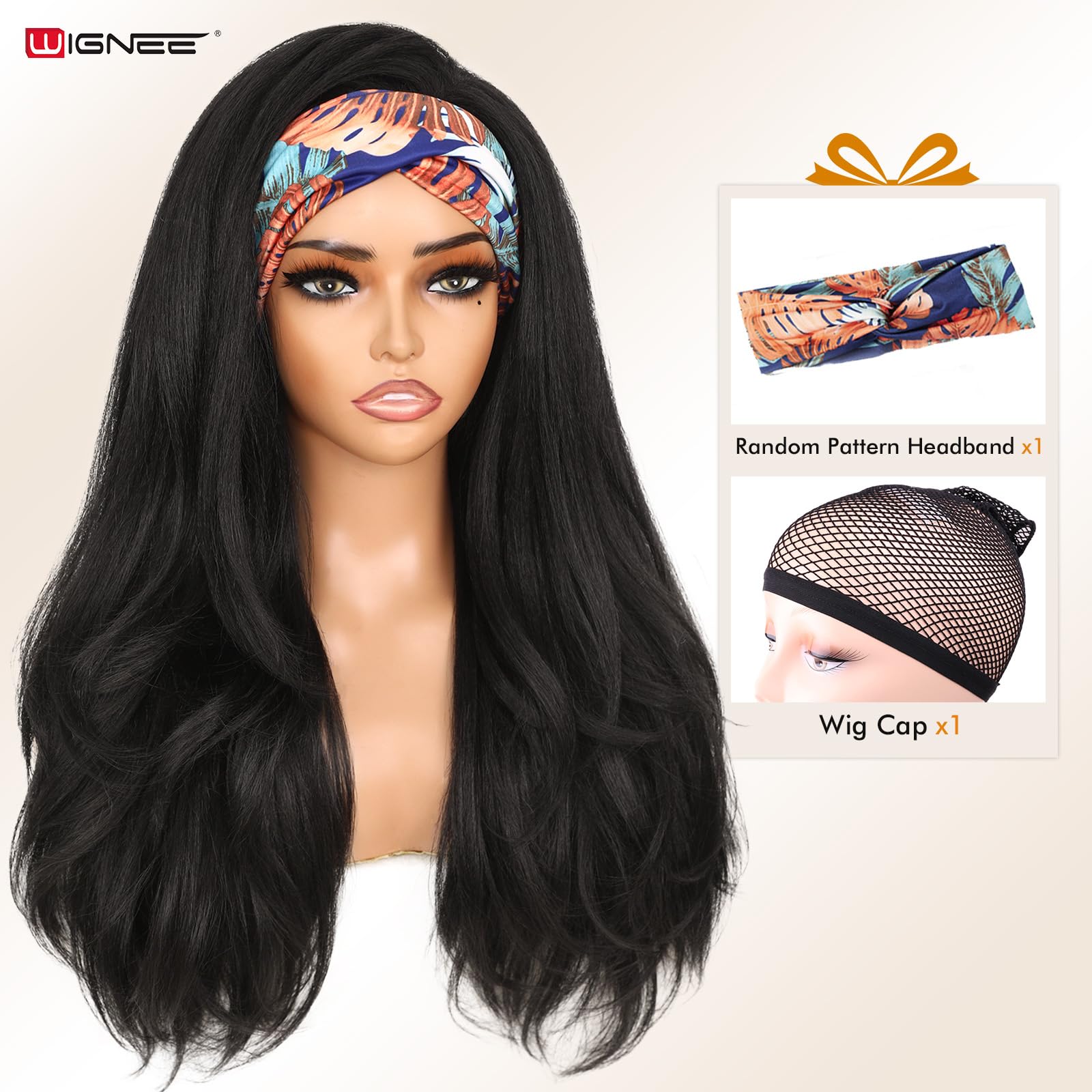 WIGNEE Yaki Curly Headband Wig Synthetic Layered Kinky Straight Half Wig Wear and Go Glueless Headband Wigs For Black Women