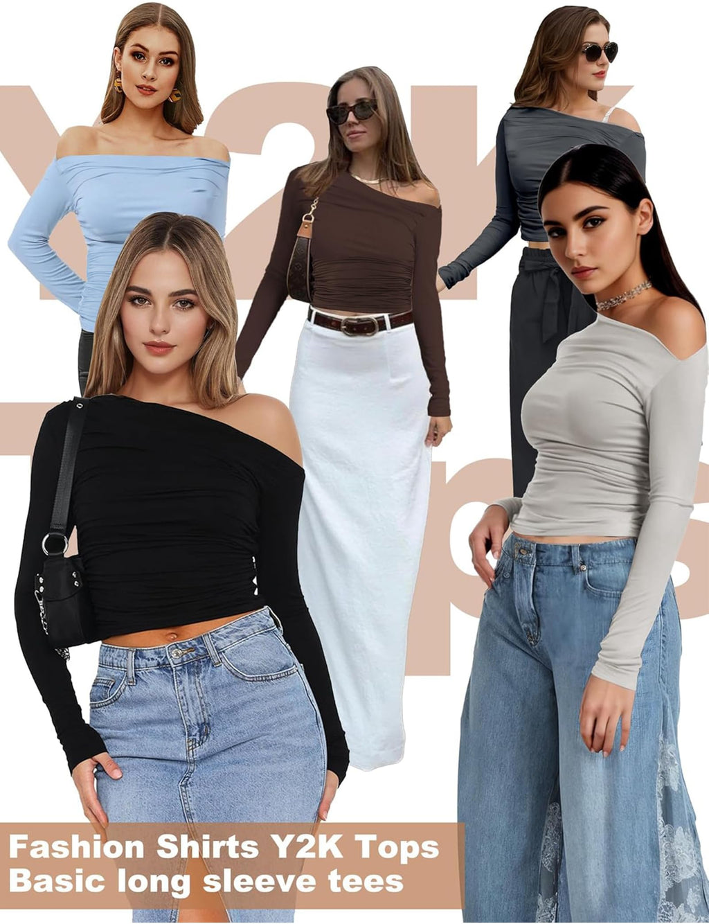 Buauty Womens Off Shoulder Tops Long Sleeve Crop Tops Casual Boat Neck Going Out Blouses One Shoulder Y2K Tight Shirts 2025 Black