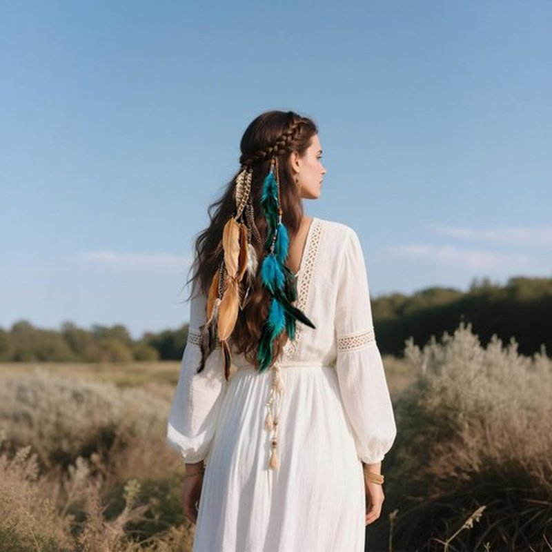 FeelfunFeather Feathers Hair Extensions for Women Boho Clip-in Hair Feather Accessories for Mardi Gras Performances Photo Shoots Carnival Party Headdress Accessory- long, Natural+Blue(2 Pcs)