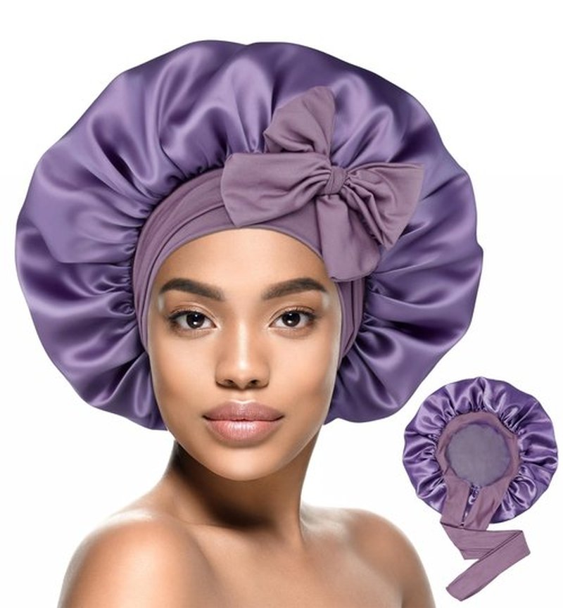 HiRui Silk Satin Bonnet for Sleeping Women, Double-Layer Sleep Cap Shower Cap with Adjustable Tie, Moisture Retaining Satin Lined Hair Bonnet for Curly and Natural Hair (Lavender, Medium)