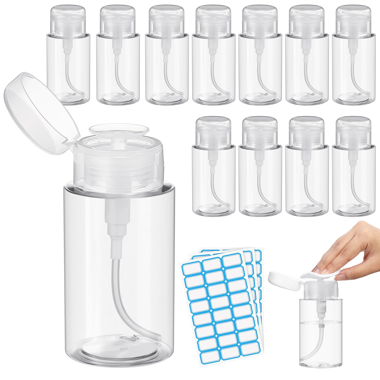 Zhehao 24 Pcs Push Down Pump Dispenser Nail Polish Remover Pump Lockable Empty Bottle Refillable Clear Cosmetic Container with Label for Liquid Acetone Nail Polish and Makeup Remover, 6.8 oz/ 200 ml
