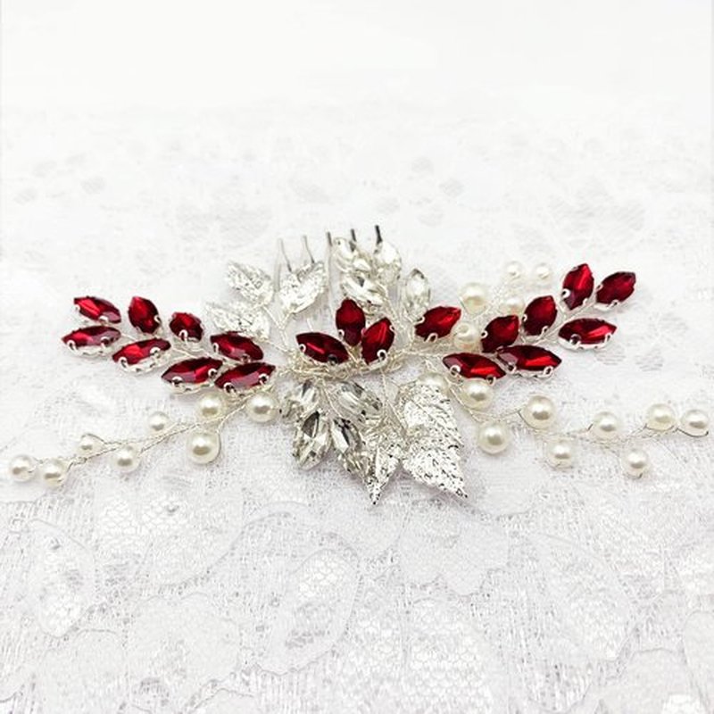 Bride Wedding Hair Comb Crystal Rhinestone Pearls Silver Leaf Hair Piece Accessories for Women Girls Homecoming Party (Red)