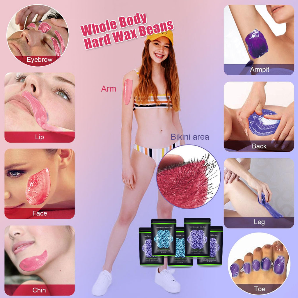 Auperwel Wax Beads for Hair Removal 1.1 lb (17.6 oz), Hard Wax Waxing Beads Kit for Sensitive Skin Brazilian, Face, Bikini, Eyebrow, Legs, Painless for Women Men, 5 packs with 10 Sticks
