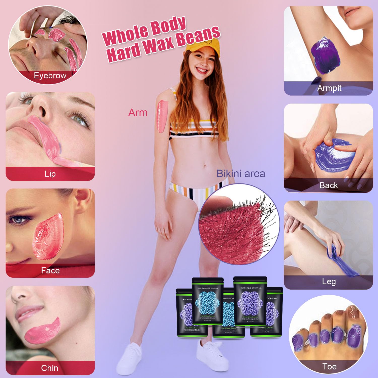 Auperwel Wax Beads for Hair Removal 1.1 lb (17.6 oz), Hard Wax Waxing Beads Kit for Sensitive Skin Brazilian, Face, Bikini, Eyebrow, Legs, Painless for Women Men, 5 packs with 10 Sticks