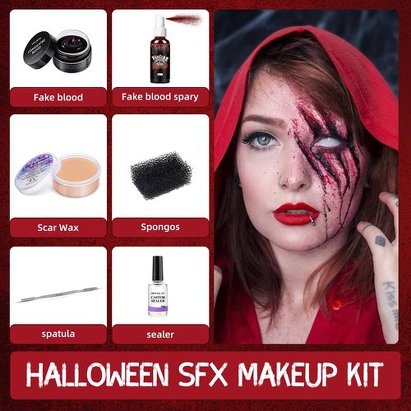 SFX Makeup Kit Scars Wax, Fake Blood Spray, Professional Scar Wax&Blood Effects Set with Coagulated Blood Gel&Spray, Metal Spatula, Sealer & Black Sponge for Realistic Halloween Zombie, Vampire Wound