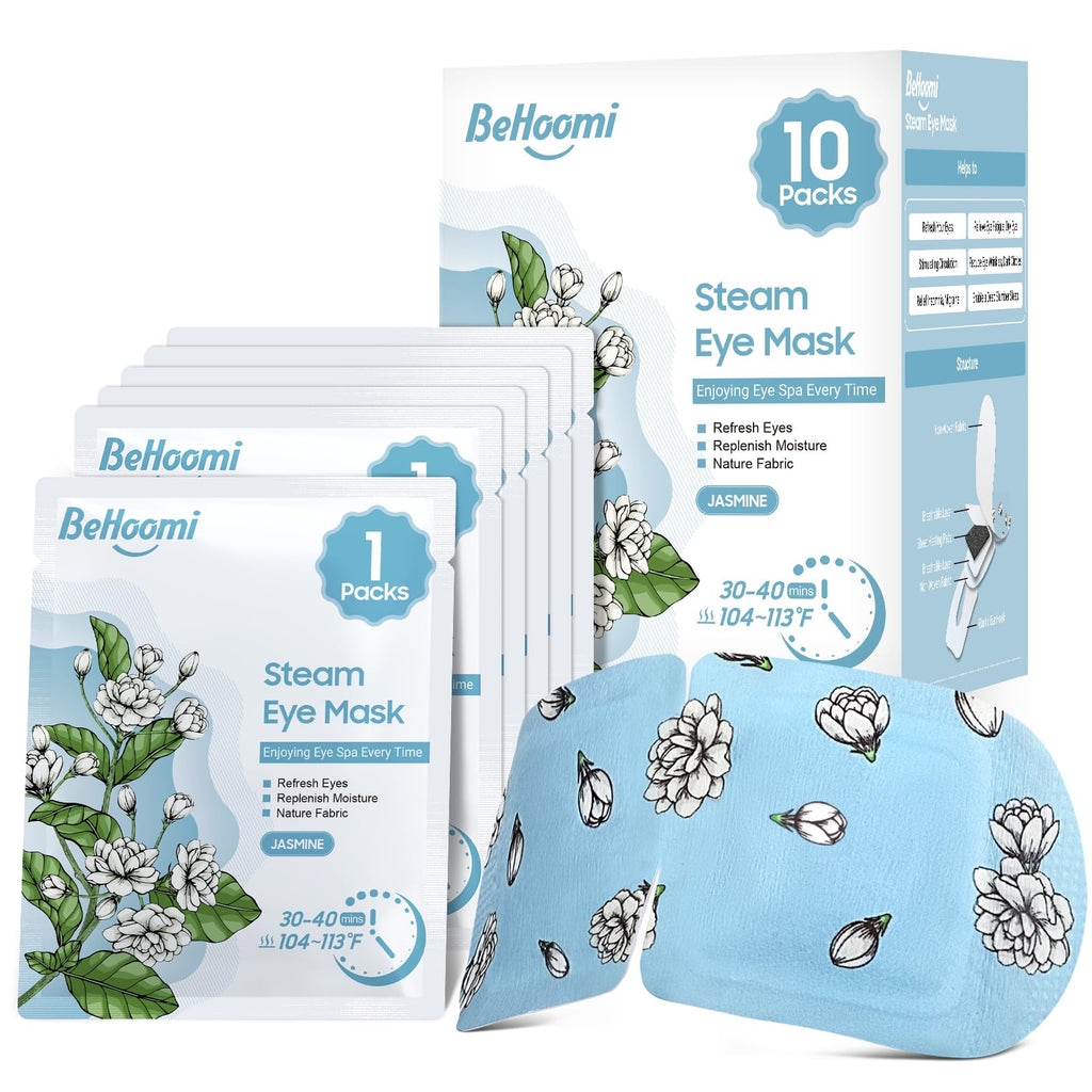 BeHoomi Steam Eye Mask, 10Packs Heated Eye Mask, Self Heating Disposable SPA Warm Compress for Eyes Sleep Mask, Travel Essentials & Relaxation Gifts for Women (Jasmine Scent)