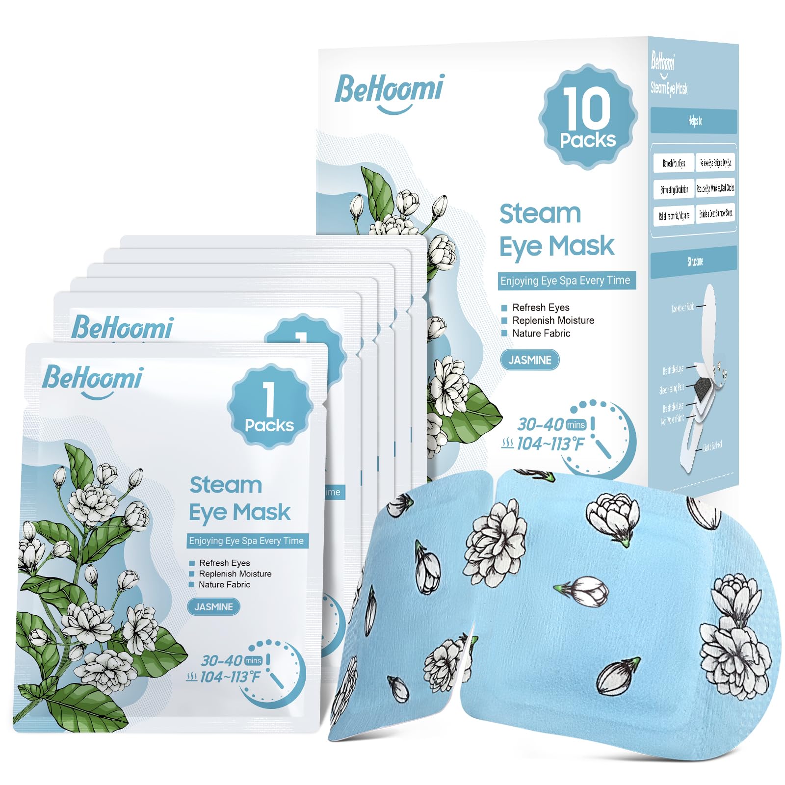 BeHoomi Steam Eye Mask, 10Packs Heated Eye Mask, Self Heating Disposable SPA Warm Compress for Eyes Sleep Mask, Travel Essentials & Relaxation Gifts for Women (Jasmine Scent)