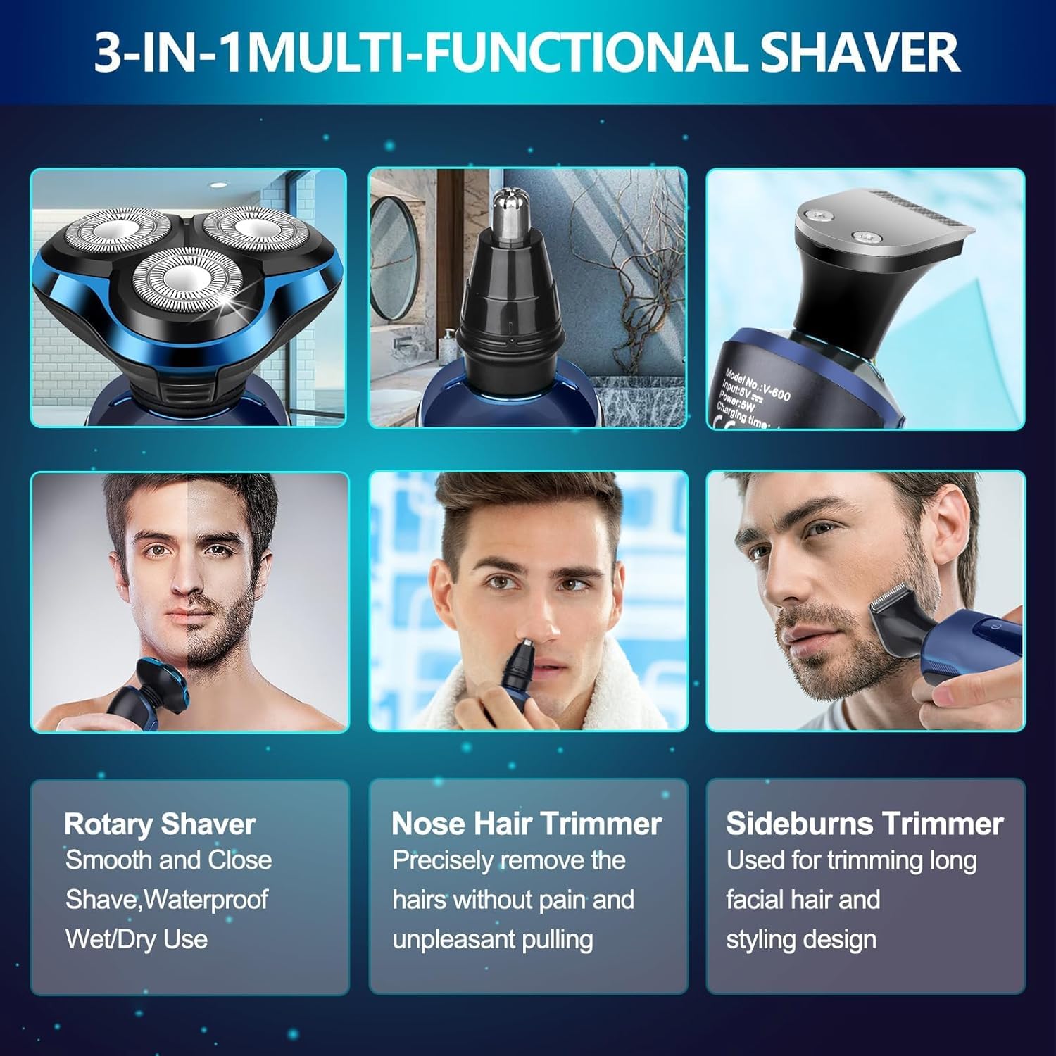 Viatia Electric Razors for Men – 3D Head Shavers, Wet & Dry Cordless Shaver, IPX7 Waterproof with Beard/Nose Trimmer & Face Cleaning Brush, Men’s Shaving Kit, Ideal Gift for Men