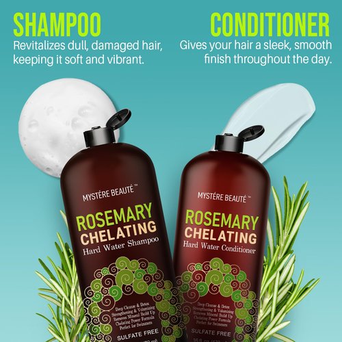 MYSTÈRE BEAUTÉ Rosemary Chelating Shampoo and Conditioner Set - 16 oz Each - Hard Water & Chlorine Removal with Biotin, Keratin & Tea Tree – Sulfate Free Clarifying Hair Strengthening Formula