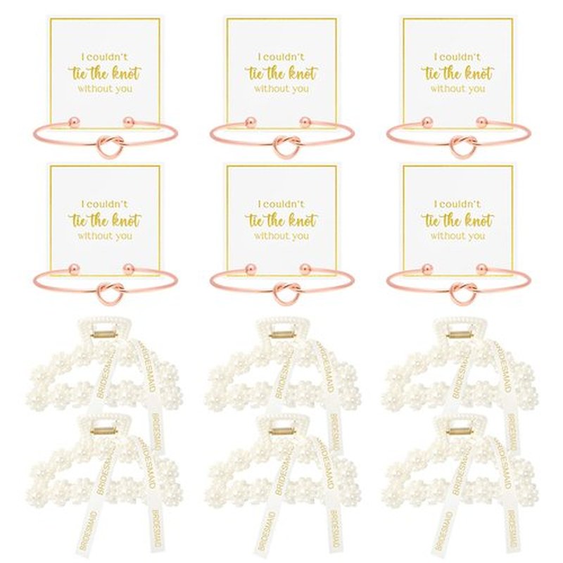 DEEKA 12 Pcs Bridesmaid Proposal Gifts, Pearl Hair Claw Clips & Bridesmaid Knot Bracelet Bachelorette Party Wedding Favors Bridal Party Present Hair Accessories for Women(Rose Gold Bracelets)