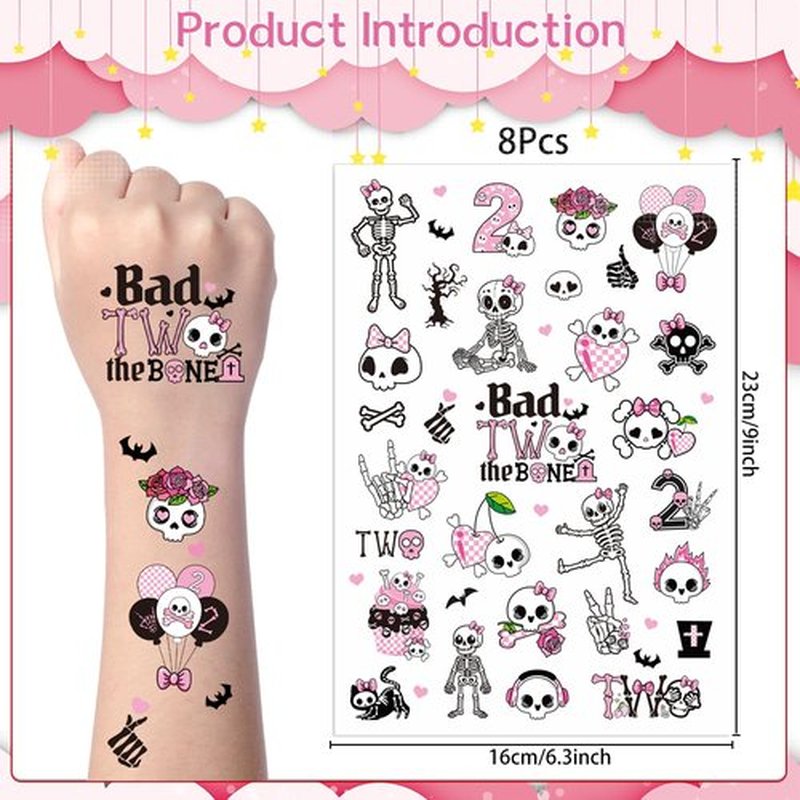 Bad Two the Bone Temporary Tattoos - Yoyuspy 200+ Pink Bad Two the Bone Party Decorations Favors Supplies Girl 2nd Birthday Decorations for Girls Cute Pink Skull Tattoo Stickers Gifts Prizes Rewards