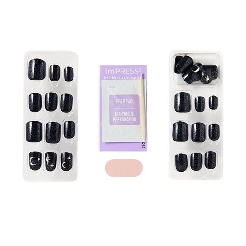 imPRESS X WICKED: FOR GOOD Press On Nails, ‘Know Your Power’, Blue, Short Squoval, New Improved Adhesive, Up To 10 Day Hold, Includes 30 Fake Nails, 1 Prep Pad, 1 Manicure Stick, 1 Mini File