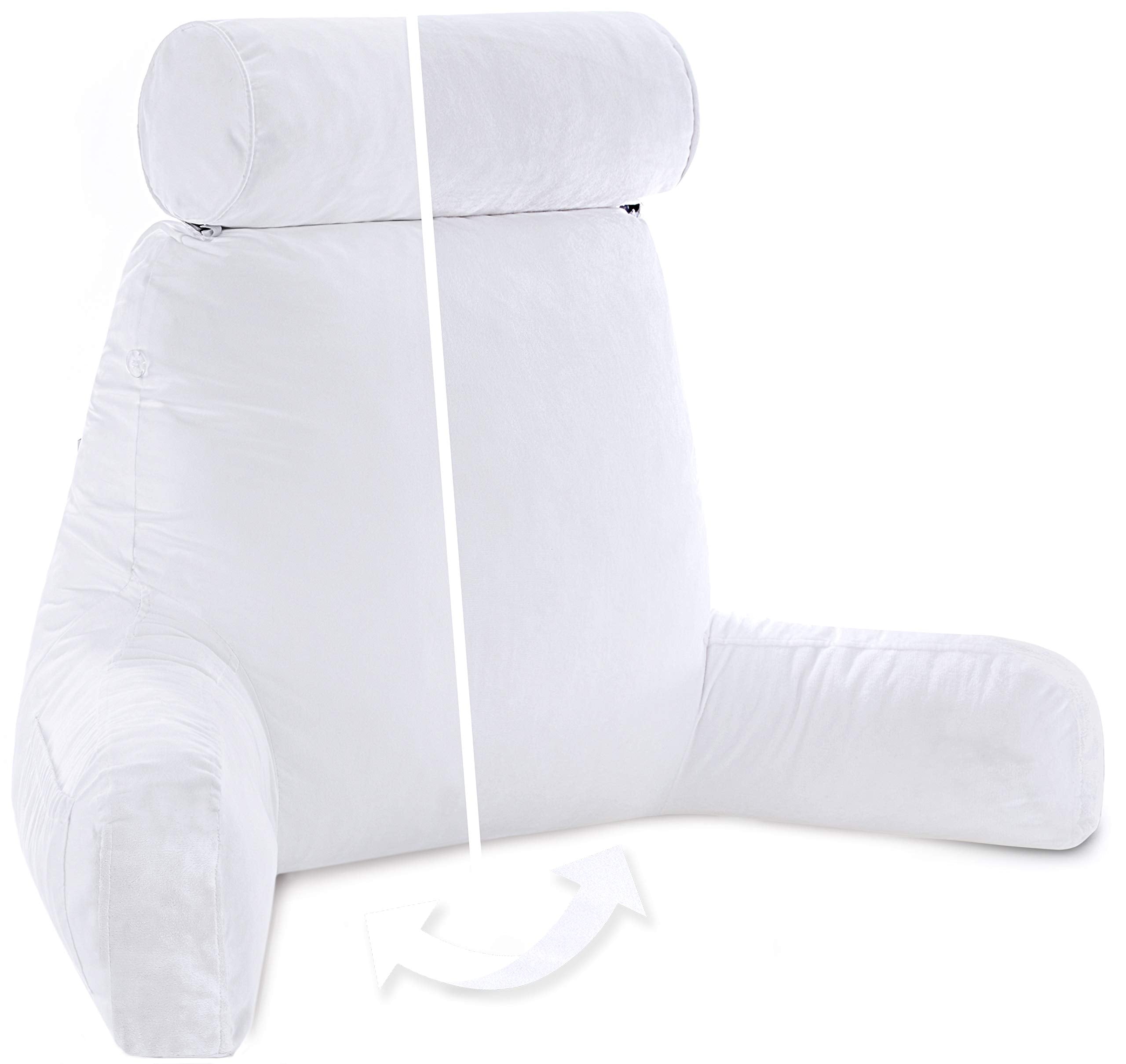 Husband Pillow XXL Reading & Bed Rest Pillows - Premium Memory Foam Backrest Pillow with Arms & Neck Roll - Aspen Edition White Dandelion - Reversible 2 Sided Cover with Plush Microfiber and Suede