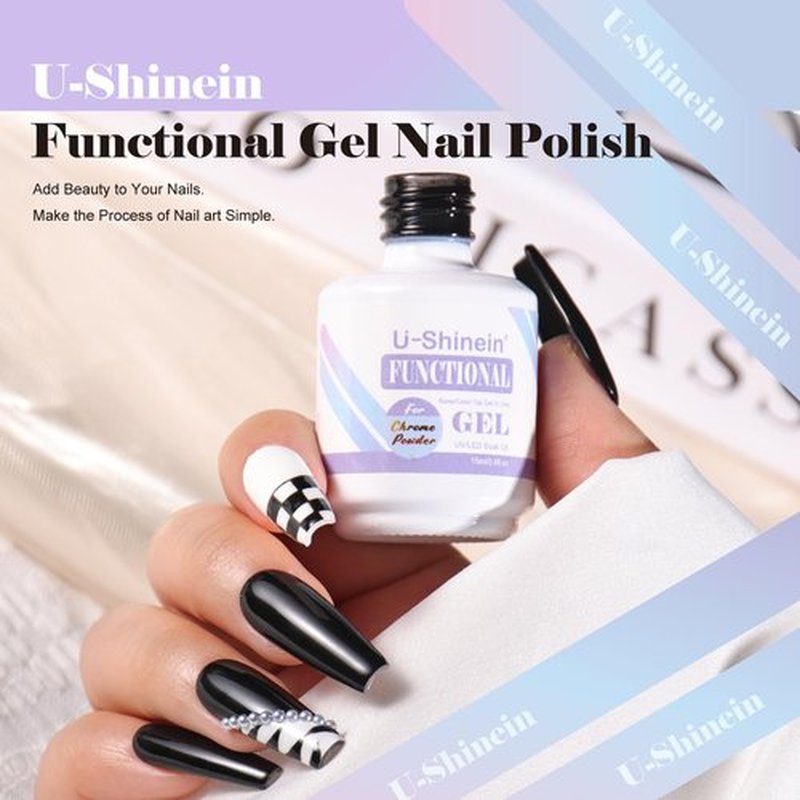 U-Shinein Functional Nail Polish Gel, Nail Chrome Powder Gel Top Coat Base Gel One Step Color Gel Soak Off LED UV Nail Gel Non-fogging Long-lasting Fast-drying Evening High Gloss Home DIY Black