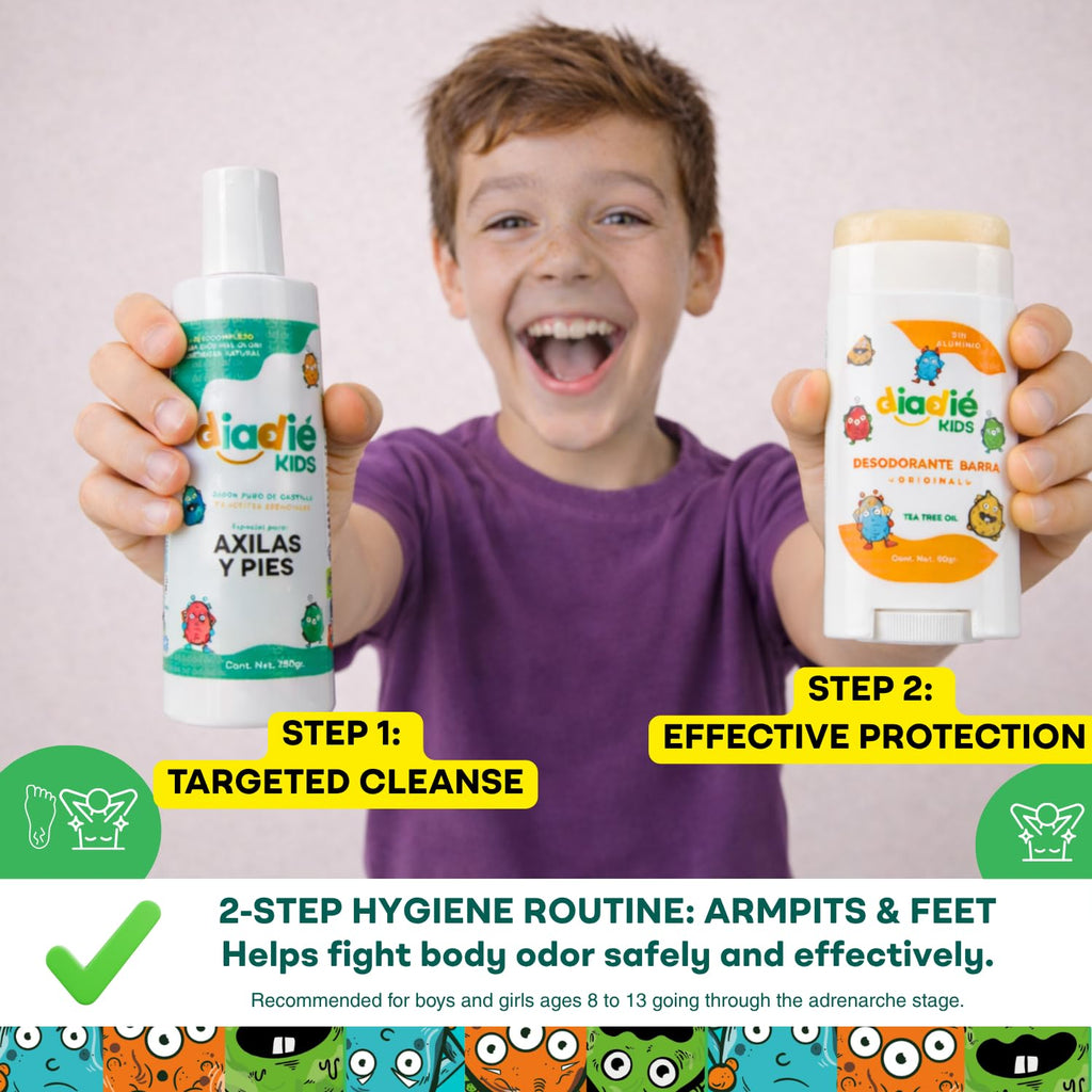 Diadié Kids Mix pack Natural deodorant bar and a Castile Liquid Body Odor Soap/Wash, For Armpits, feets, body odor protection, 5 Essential Oils, 2 Pack