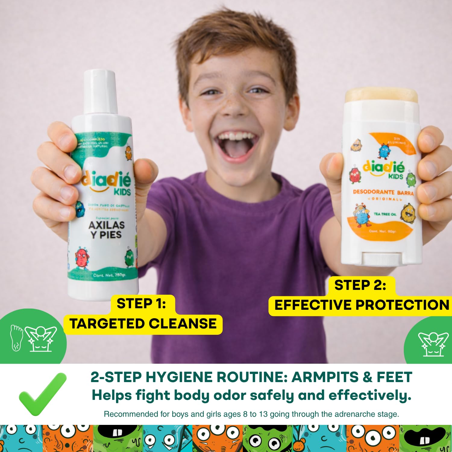Diadié Kids Mix pack Natural deodorant bar and a Castile Liquid Body Odor Soap/Wash, For Armpits, feets, body odor protection, 5 Essential Oils, 2 Pack