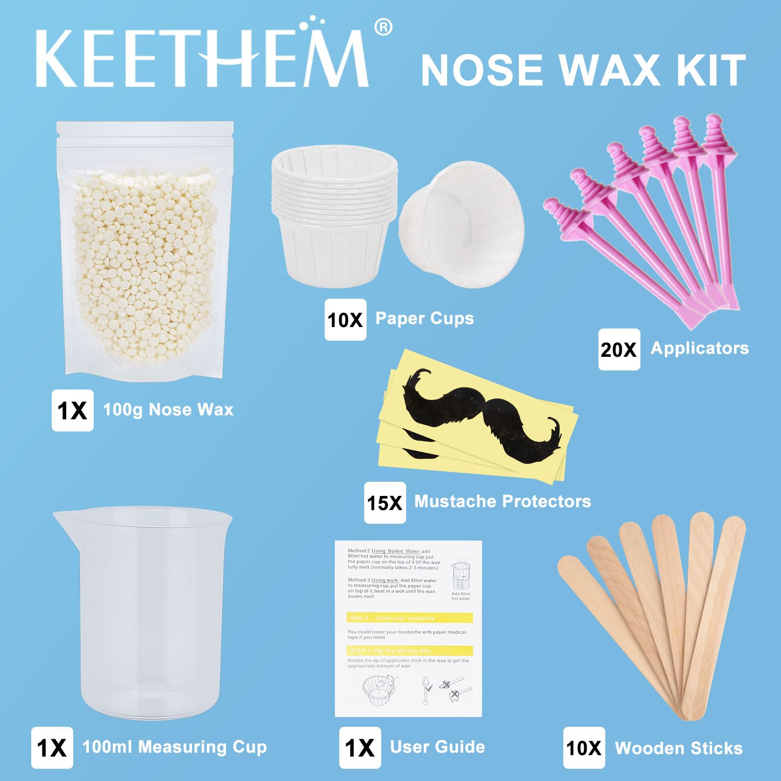 Nose Wax Kit for Men and Women - Instant Hair Removal, 100g Hard Wax, 20 Applicators, 10 Mustache Guards, and 10 Paper Cups - Painless, Safe, and Long-Lasting Results with 20x Usage - Pink Applicators