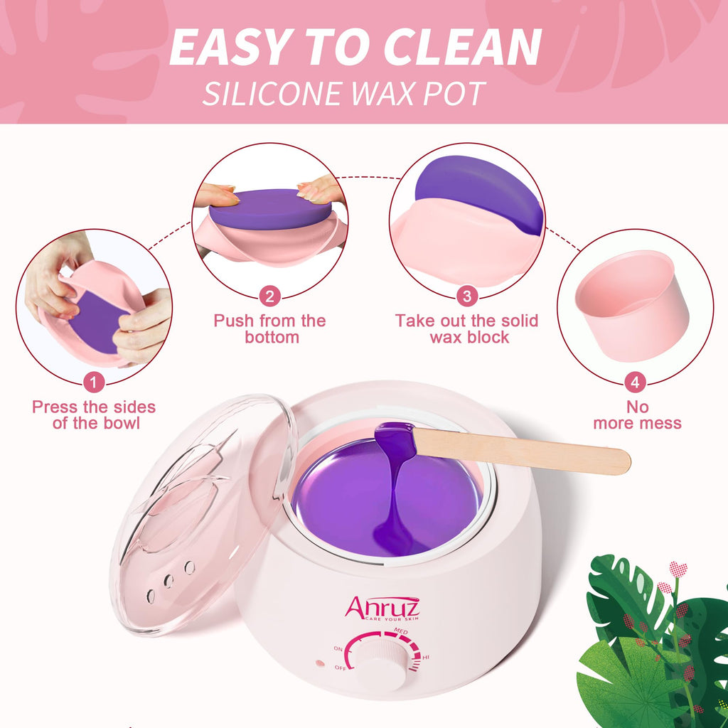 Anruz Waxing Kit for Women Men, 500ML Wax Warmer Kit with Silicone Bowl, 4 Bags Hard Wax Beads and 40 Sticks, Hair Removal Wax Kit for Brazilian Bikini, Face, Eyebrow, Nose, Sensitive Skin, Pink