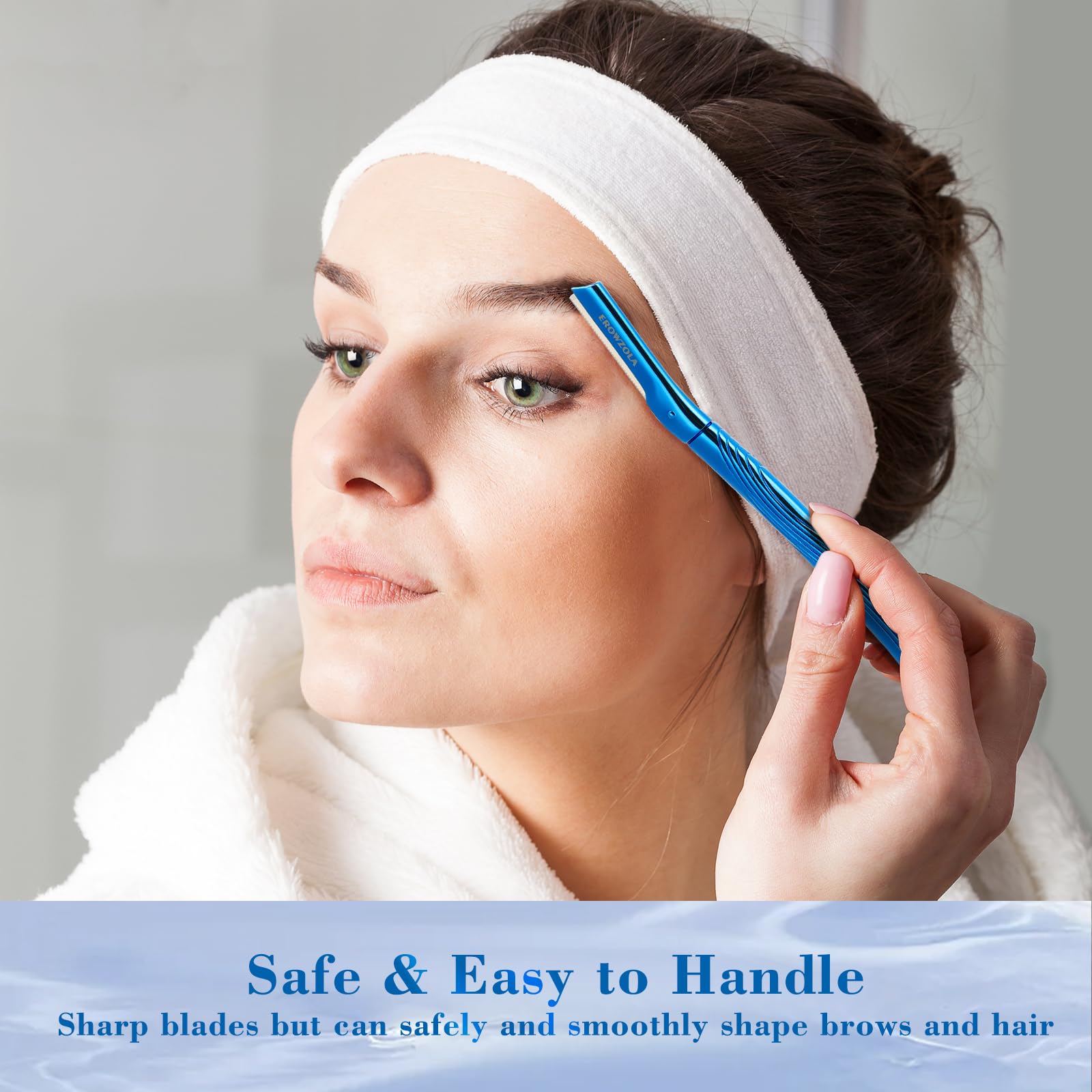 EROWZOLA Eyebrow Razor, Face Razors for Women and Men, Reusable Metal Handle with 6 Refill Blades, Eyebrow Trimmer with Precision Cover, Dermaplane Razor, Skin Care Tool - Blue