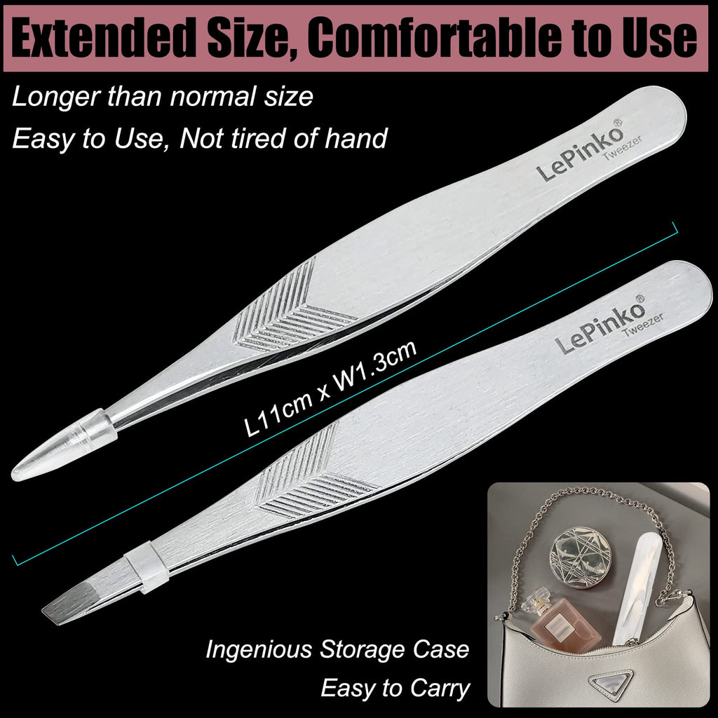 LePinko 2PCS Tweezers Set for Women and Men, Precision Tweezer kit for Ingrown hair, Facial Hairs, Chin Hair, and Splinter Removal, Professional Eyebrow Plucker Tweezers, Silver