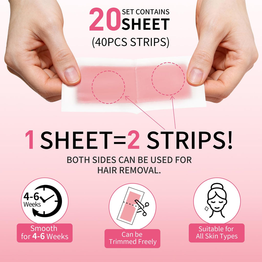 Wax Strips, 40 Pcs Wax Strips For Face & Body, Waxing Strips For Hair Removal At Home For Facial, Arms, Legs, Underarms, Bikini, Back, Women And Men (20*Big, 20*Small，4*Oil Wipes)