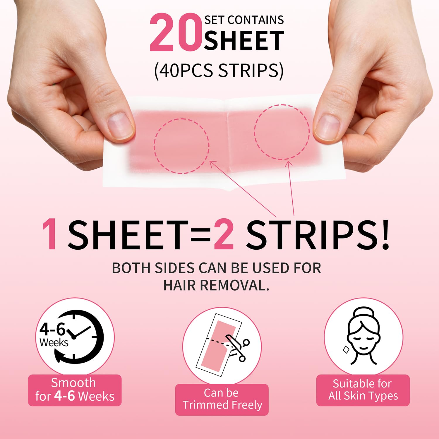 Wax Strips, 40 Pcs Wax Strips For Face & Body, Waxing Strips For Hair Removal At Home For Facial, Arms, Legs, Underarms, Bikini, Back, Women And Men (20*Big, 20*Small，4*Oil Wipes)