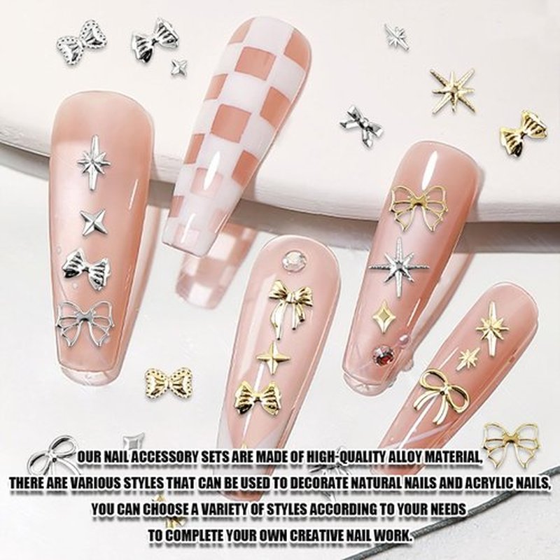 3D Metal Punk Nail Studs, Gold Silver Star Bows Nail Art Charms, Alloy Manicure Decoration DIY Charms for Nail Art Decoration Accessories (Gold + Silver F)
