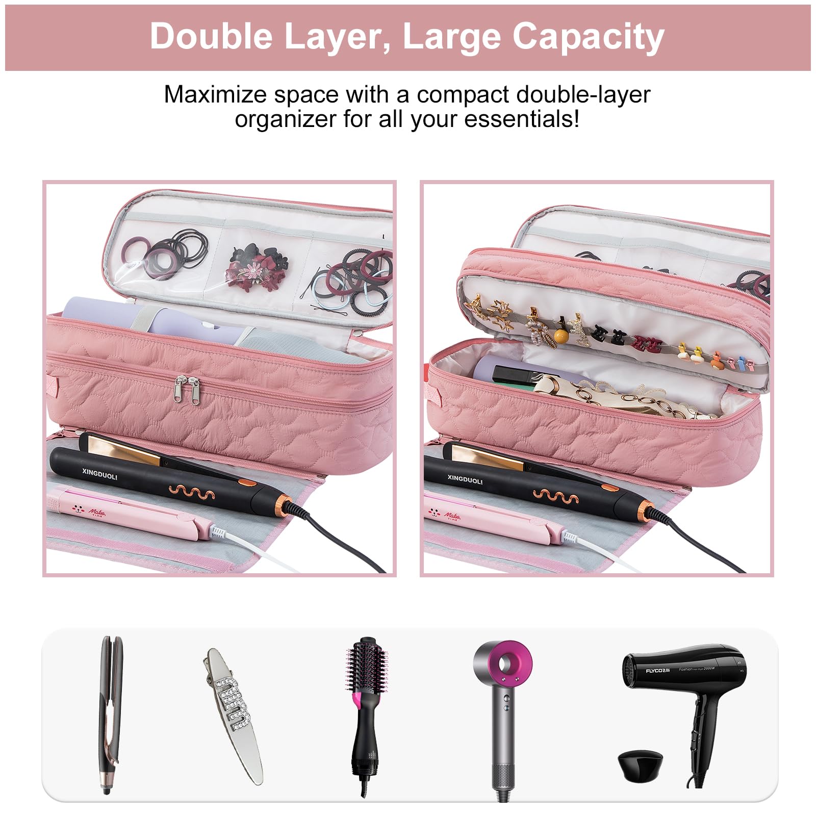 Wintogo Large Capacity Hair Tools Travel Bag with Detachable Heat Resistant Mat, Double Layer Organizer Case for Flat Irons, Curling Irons, Hair Dryers, and Travel Carrying Case for Hair Tool Storage