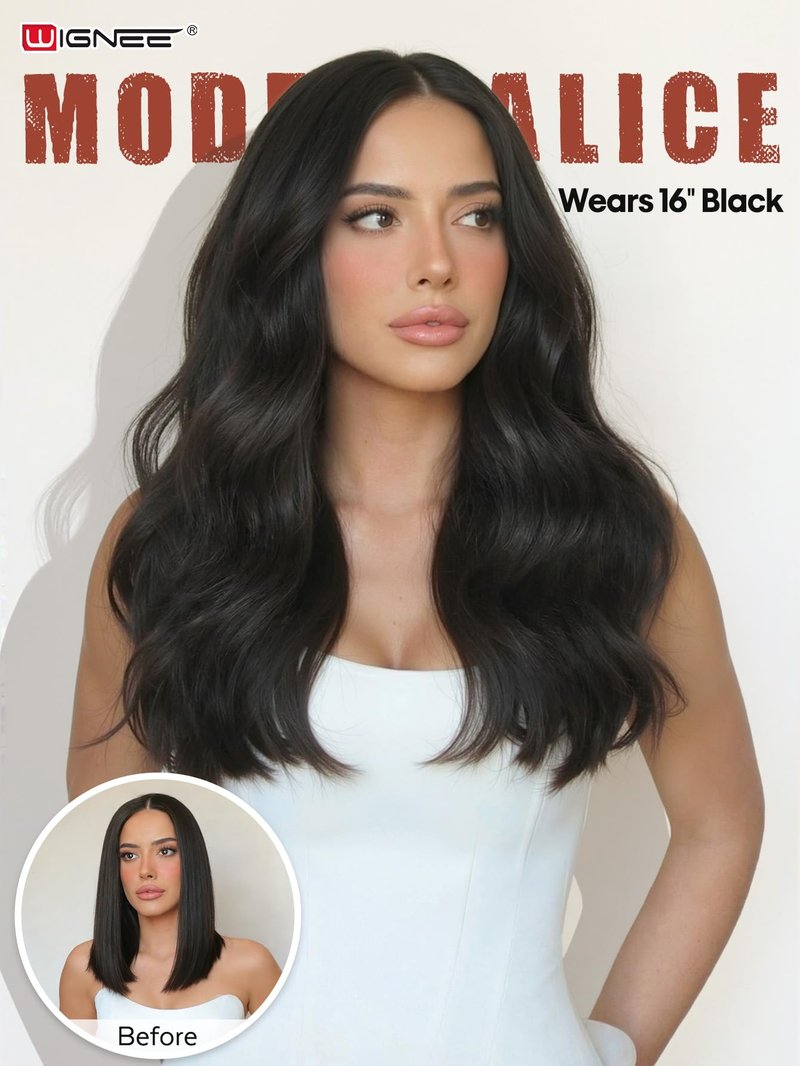 WIGNEE Invisi Edge Black Clip In Hair Extensions Real Human Hair 18inch 130g 8Pcs Machine-Inserted PU Base Human Hair Extension Clip Ins Glueless Remy Hair Extensions for Women