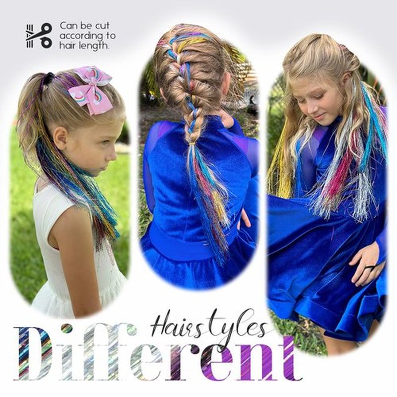 MYKURS Clip in Tinsel Hair Extensions for Kids, Glitter Hair Extension Clips, Fairy Hair Tinsel Kit for Girls, 16 PCS