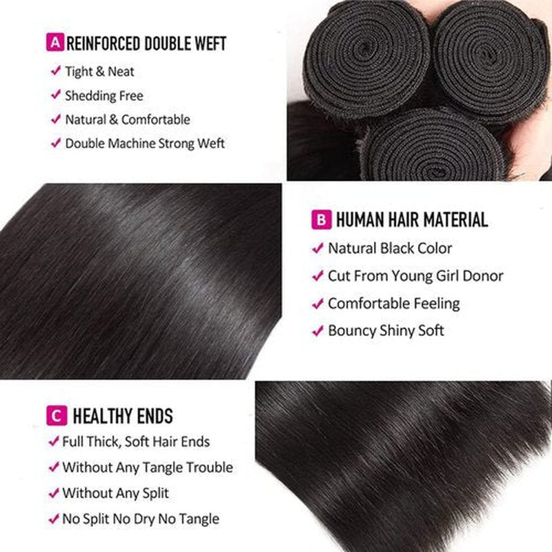 Straight 3 Bundles Human Hair 300g/Pack 14 16 18 Inch 12A Unprocessed Black Soft Double Weft Quick Wave Extensions for Women