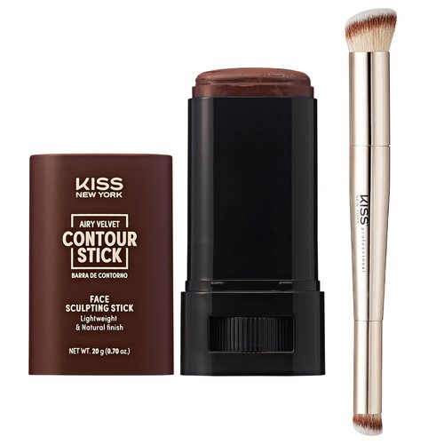 Kiss New York Airy Velvet Contour Stick - Cool Toned Face Sculpting Cream with Dual-Ended Brush | 0.70 Oz